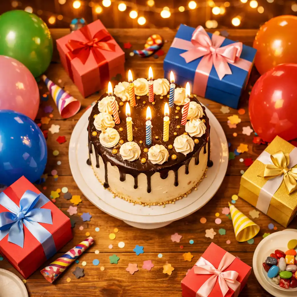 Születésnapi asztal elegáns tortával, lufikkal és ajándékdobozokkal