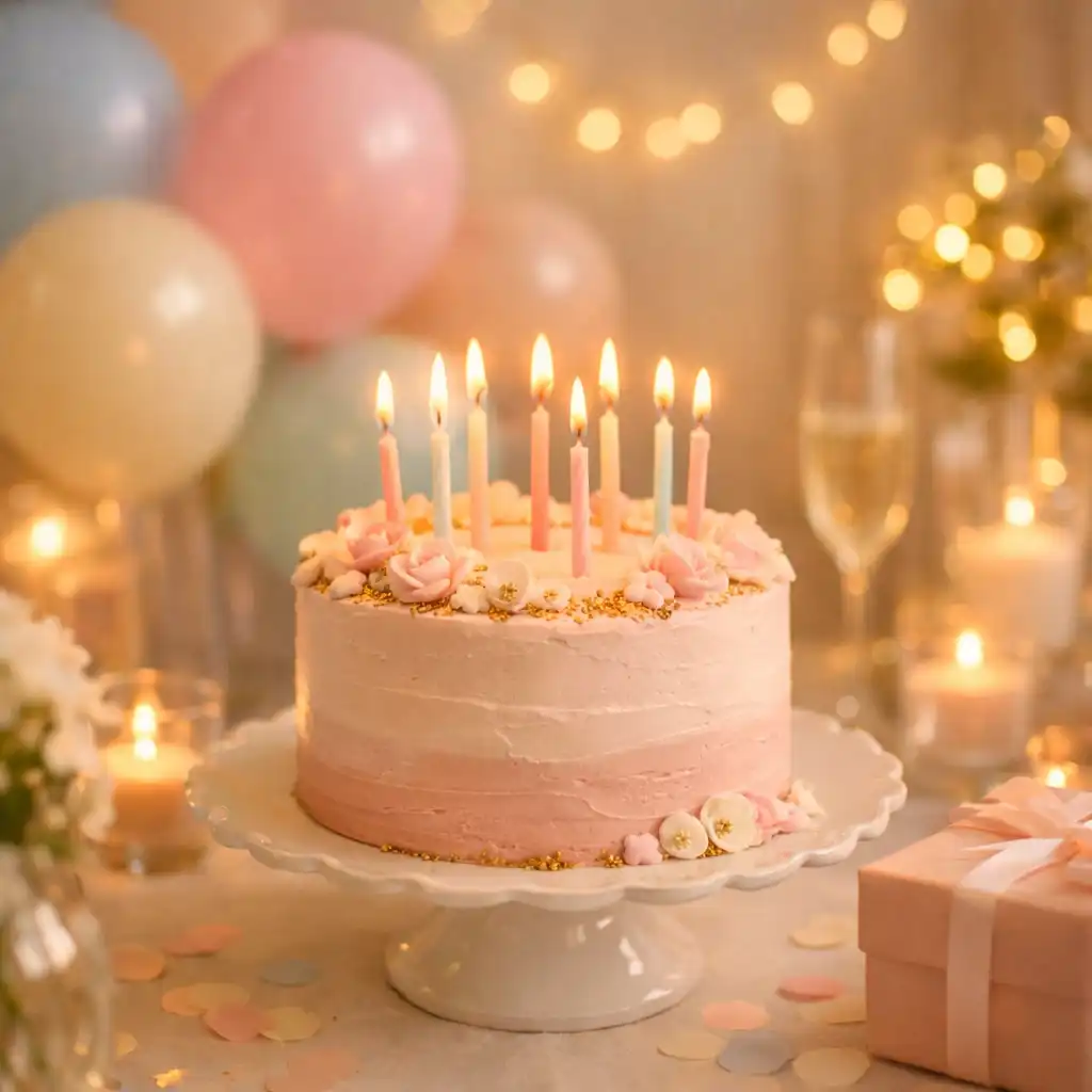 Születésnapi ünnepség tortával, lufikkal és elegáns dekorációval