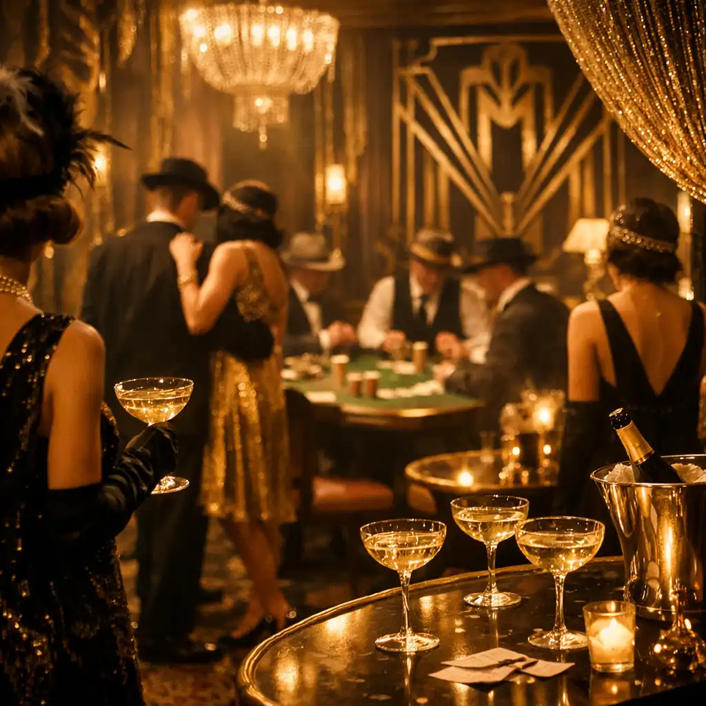 1920-as évekbeli Gatsby-stílusú partijelenet art deco dekorációval, arany és fekete színekkel, pezsgőspoharakkal