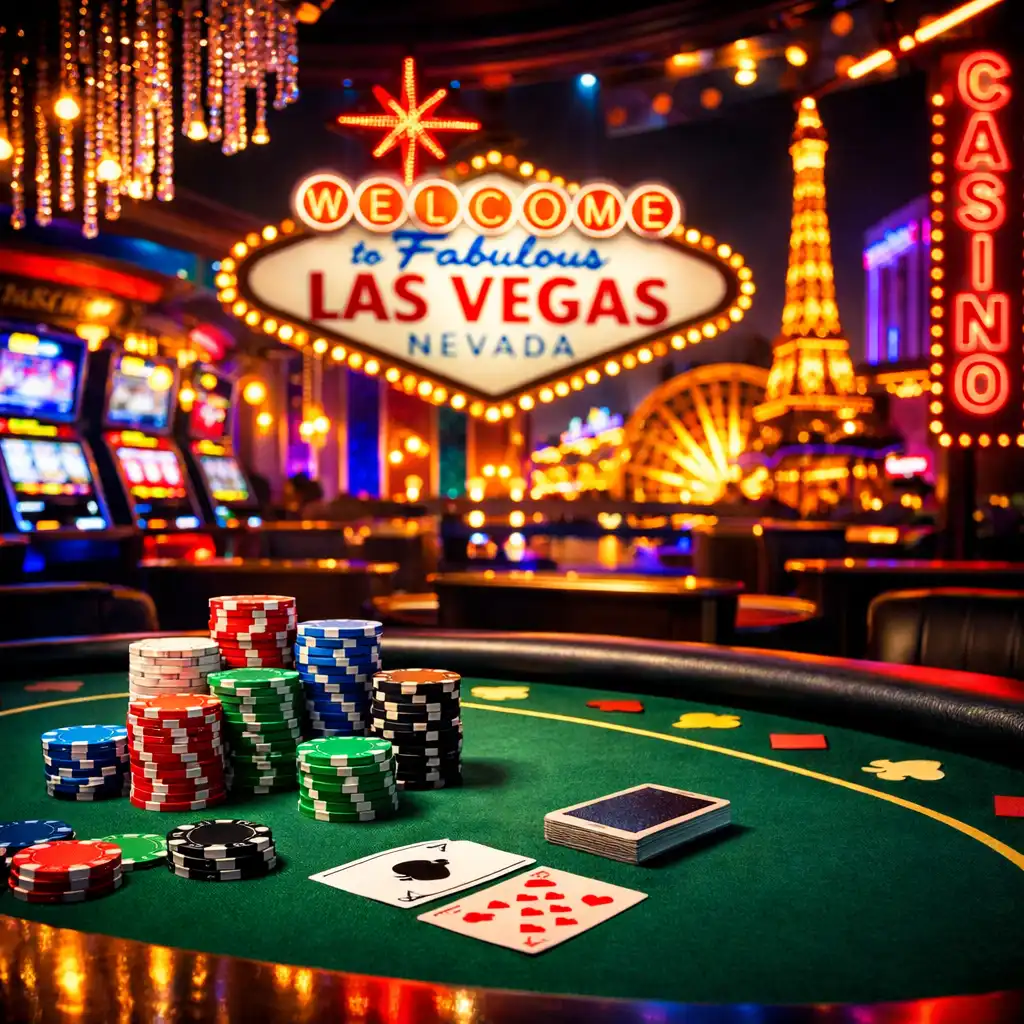 Las Vegas-i éjszakai hangulat neonfényekkel, csillogó dekorációval és pókerasztallal